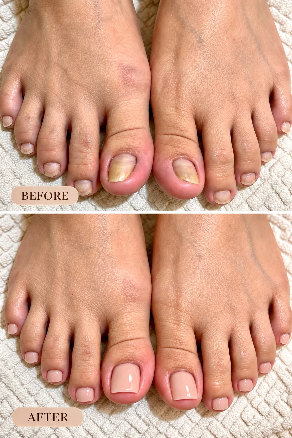 before and after toenail reconstruction, yellowed uneven big toenails rebuilt smooth with a soft nude finish, AyuriNails Beauty Lounge Makati